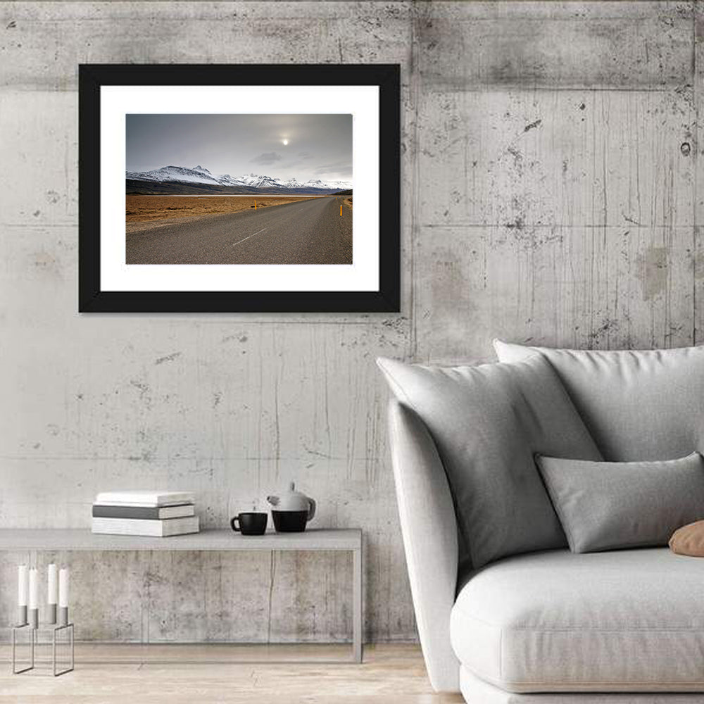 Icelandic Road to Snow-capped Mountains Wall Art in a room, landscape