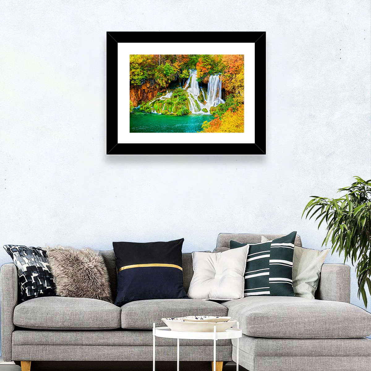 Plitvička Jezera Autumn Falls Wall Art in a room, landscape