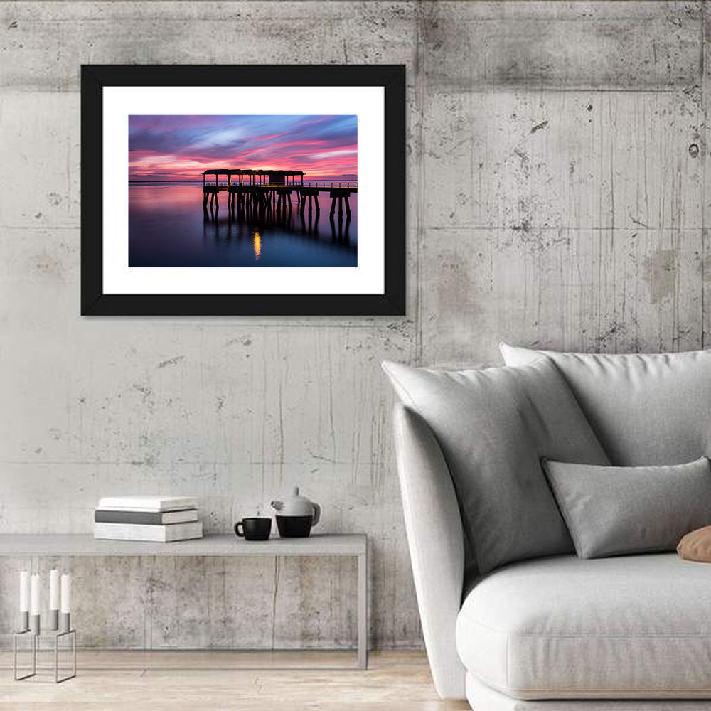 Jekyll Island Dusk Pier Wall Art in a room, landscape