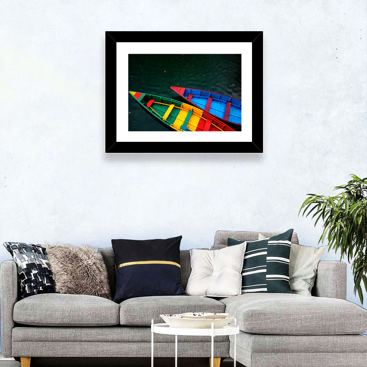 Two Colorful Boats Over Rippling Water Wall Art