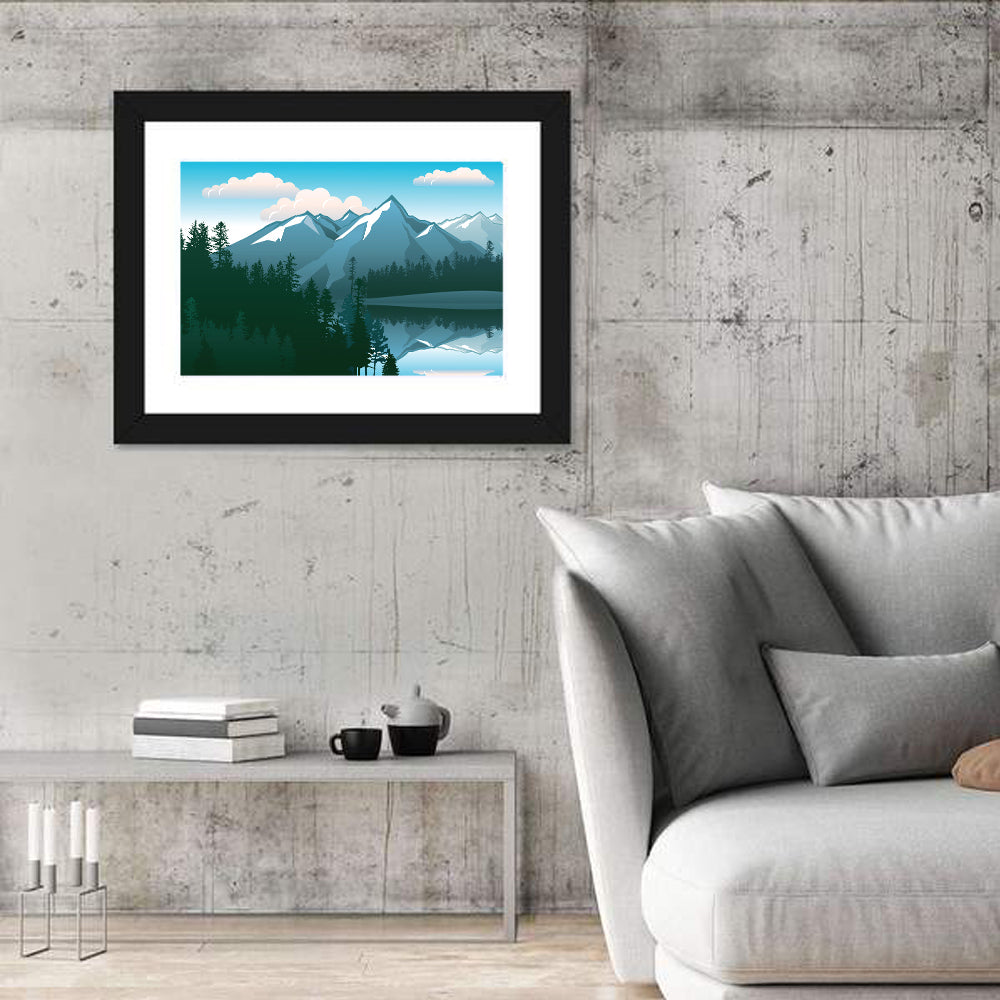 Tranquil Mountain Lake Illustration Wall Art in a room, landscape