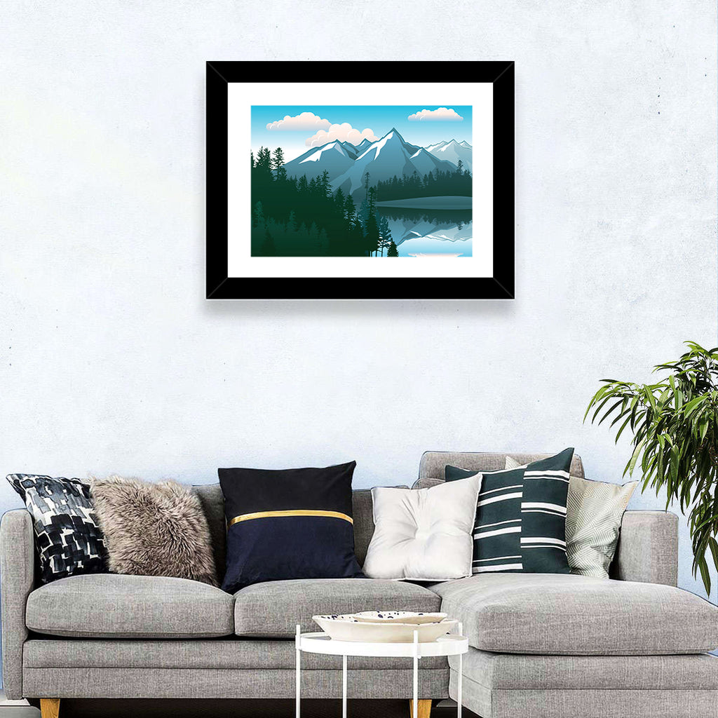 Tranquil Mountain Lake Illustration Wall Art