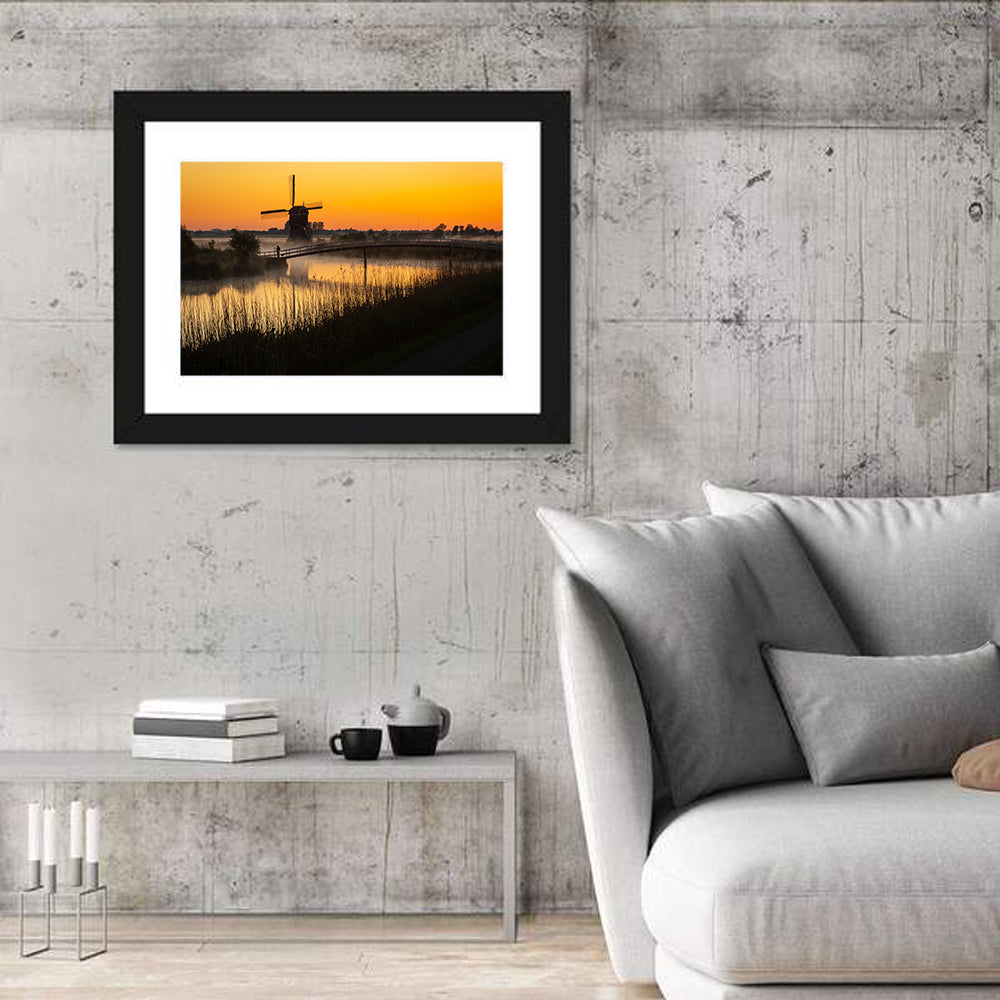 Misty Sunrise Windmill Wall Art in a room, landscape