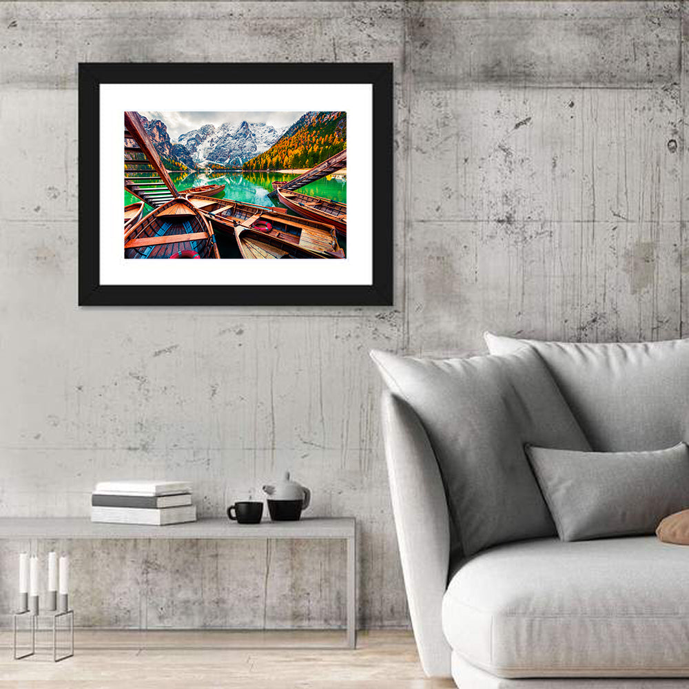 Braies Lake Wooden Stairs and Seekofel Mount Wall Art in a room, landscape
