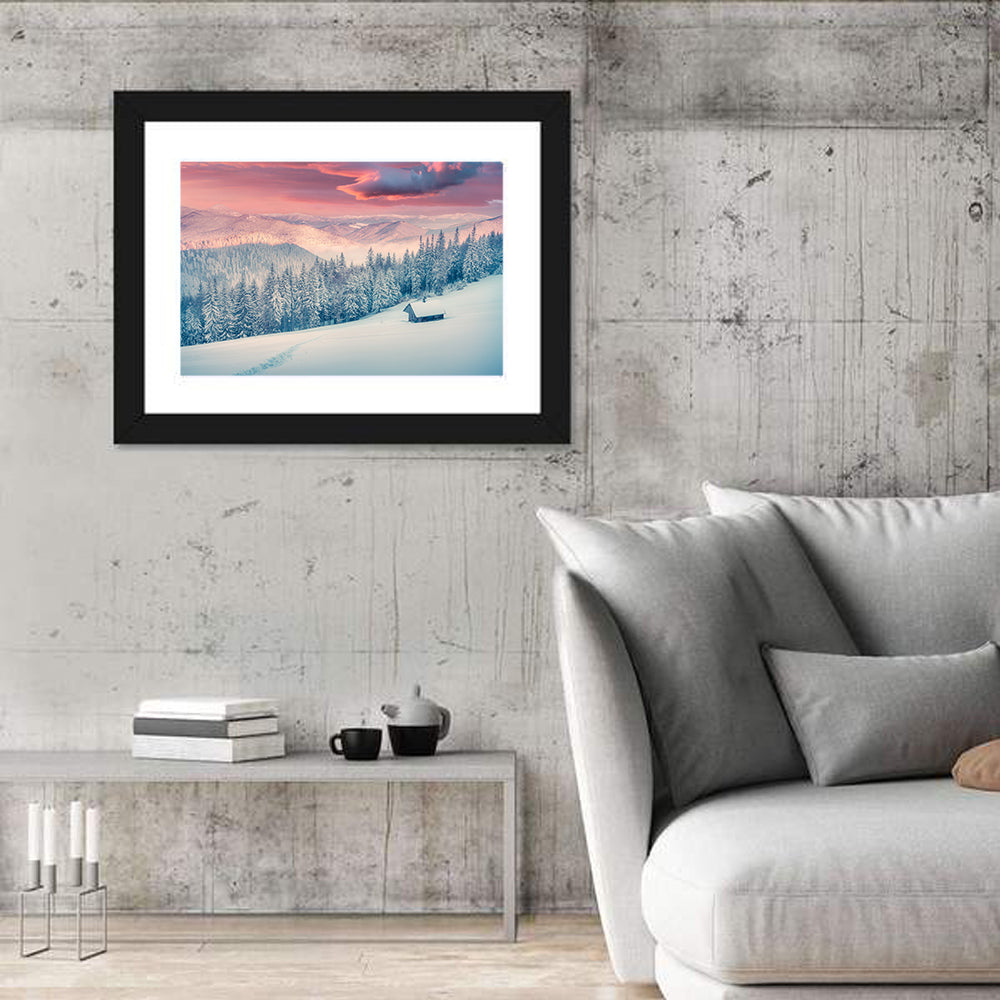 Cabin at Winter Sunrise Wall Art in a room, landscape