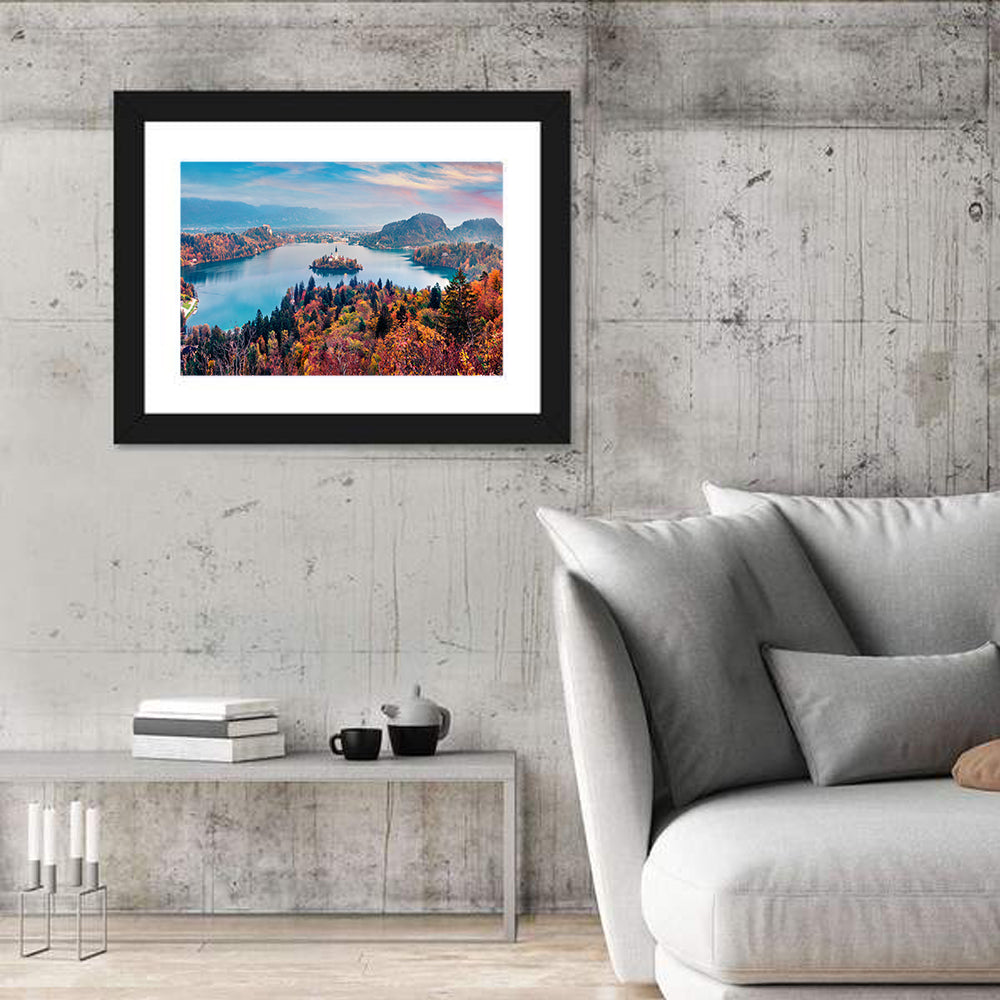 Sunset Over Lake Bled Wall Art in a room, landscape