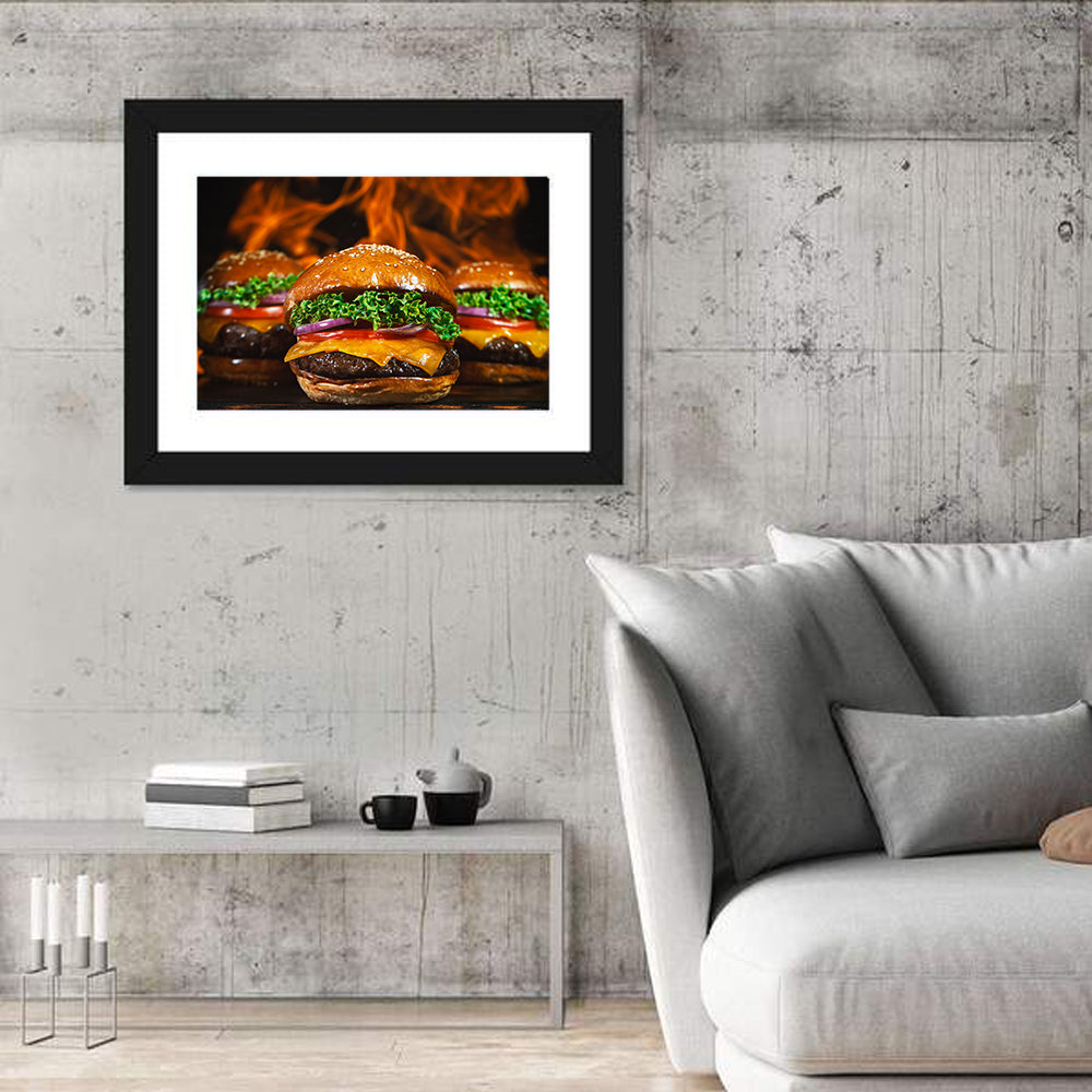 Three Flame Grilled Cheeseburgers Wall Art in a room, landscape