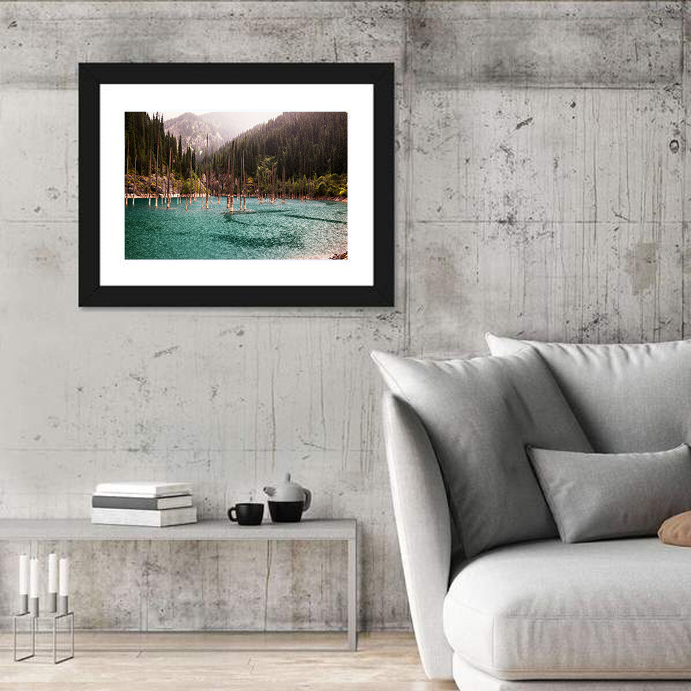 Kaindy Lake Submerged Spruces Wall Art in a room, landscape