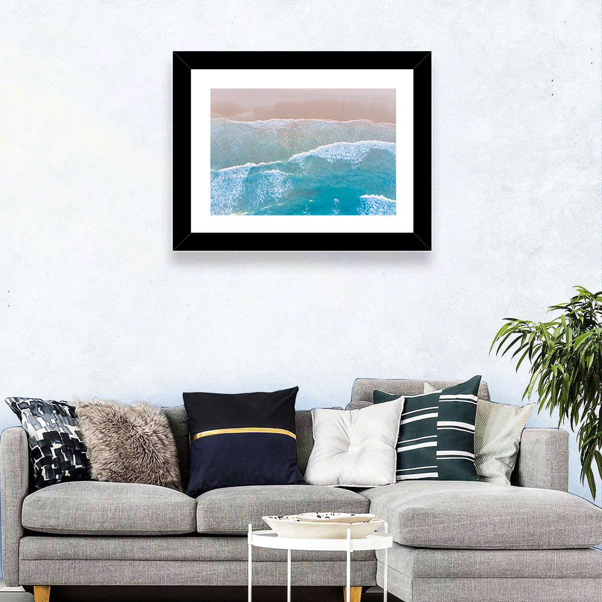 Turquoise Shoreline Aerial View Wall Art in a room, landscape