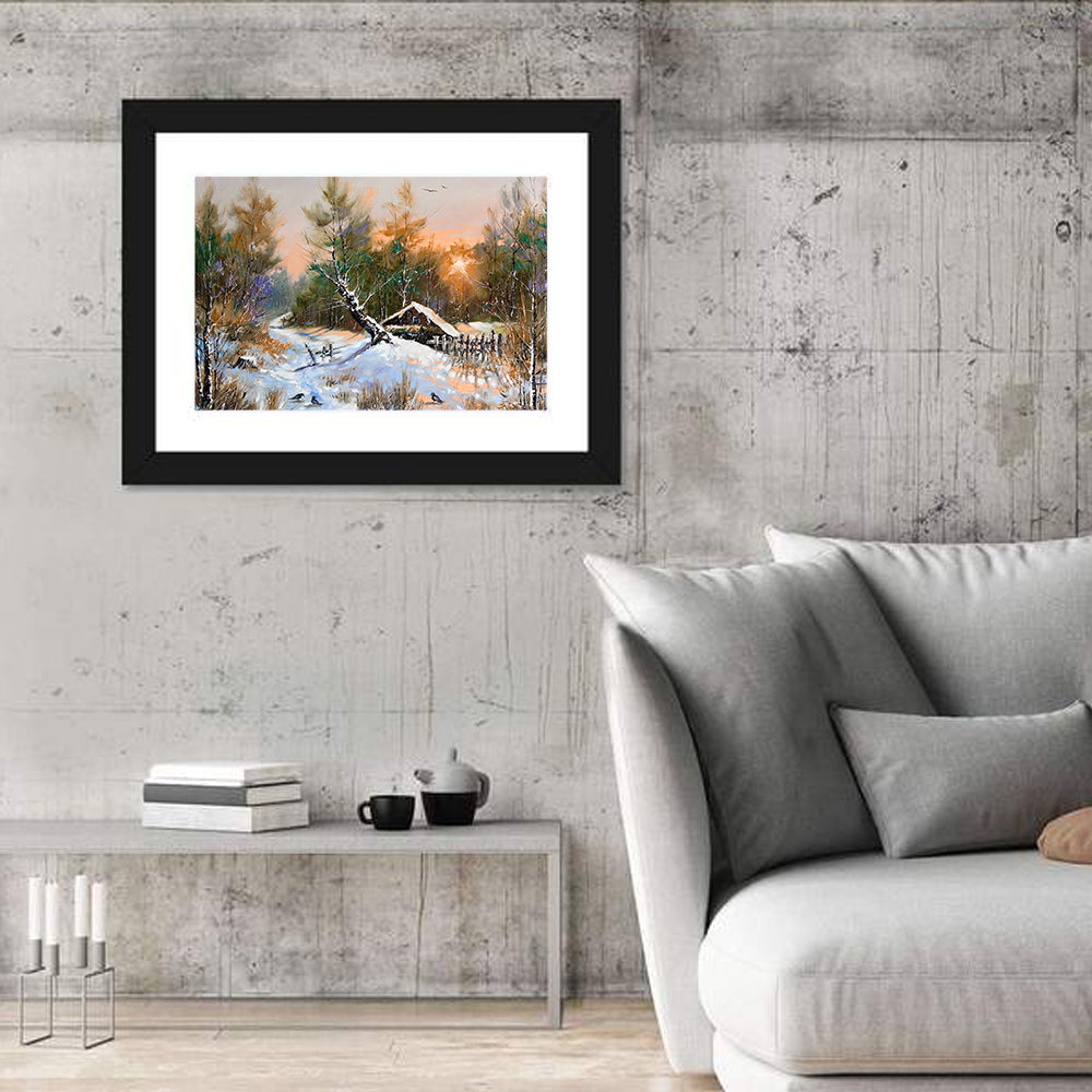 Winter Forest Path with Cabin Wall Art