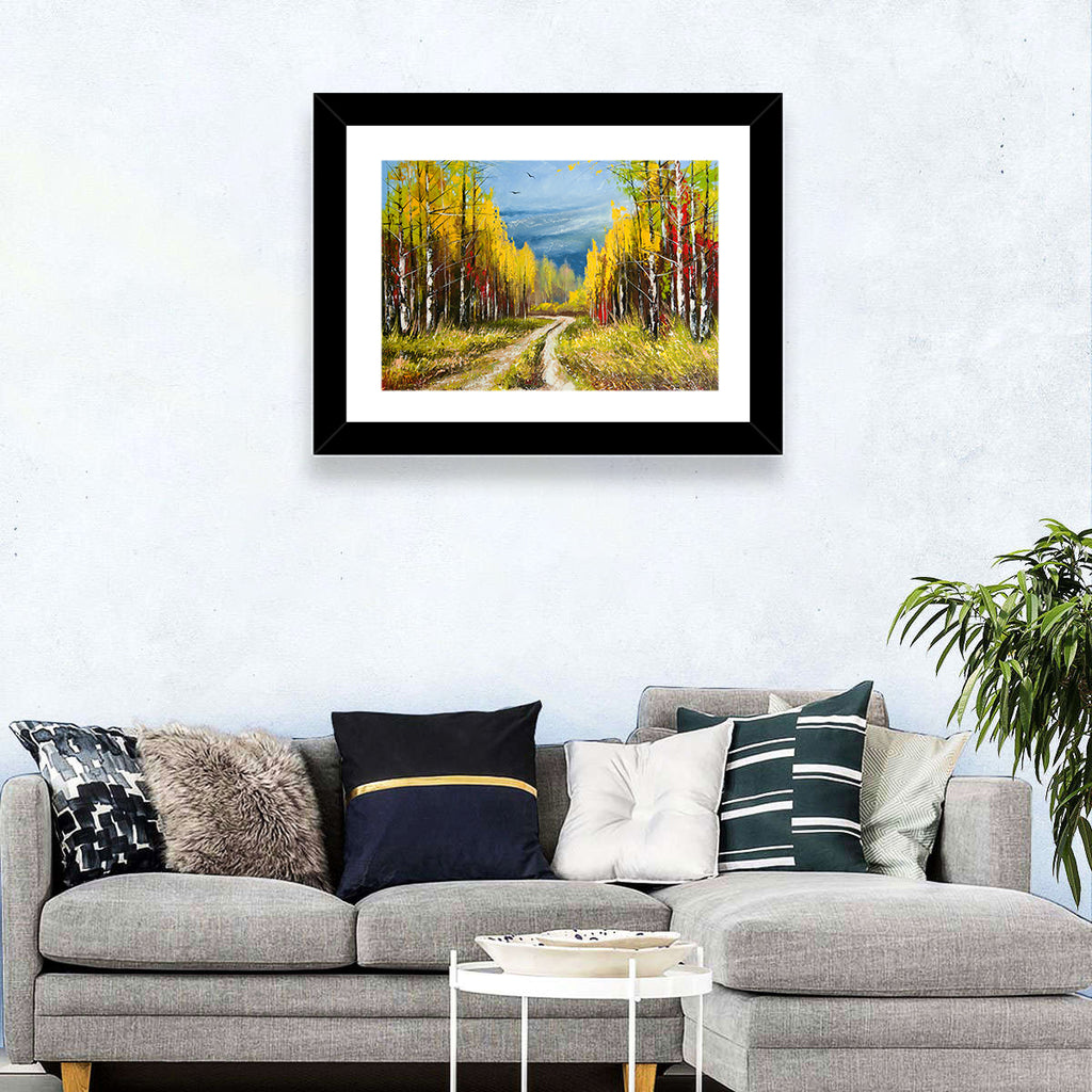 Autumn Birch Path with Two Birds Wall Art