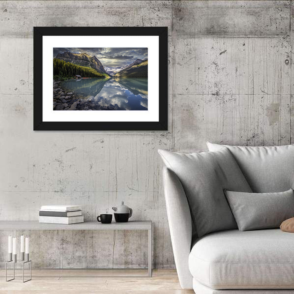 Cloudy Lake Louise Wall Art in a room, landscape