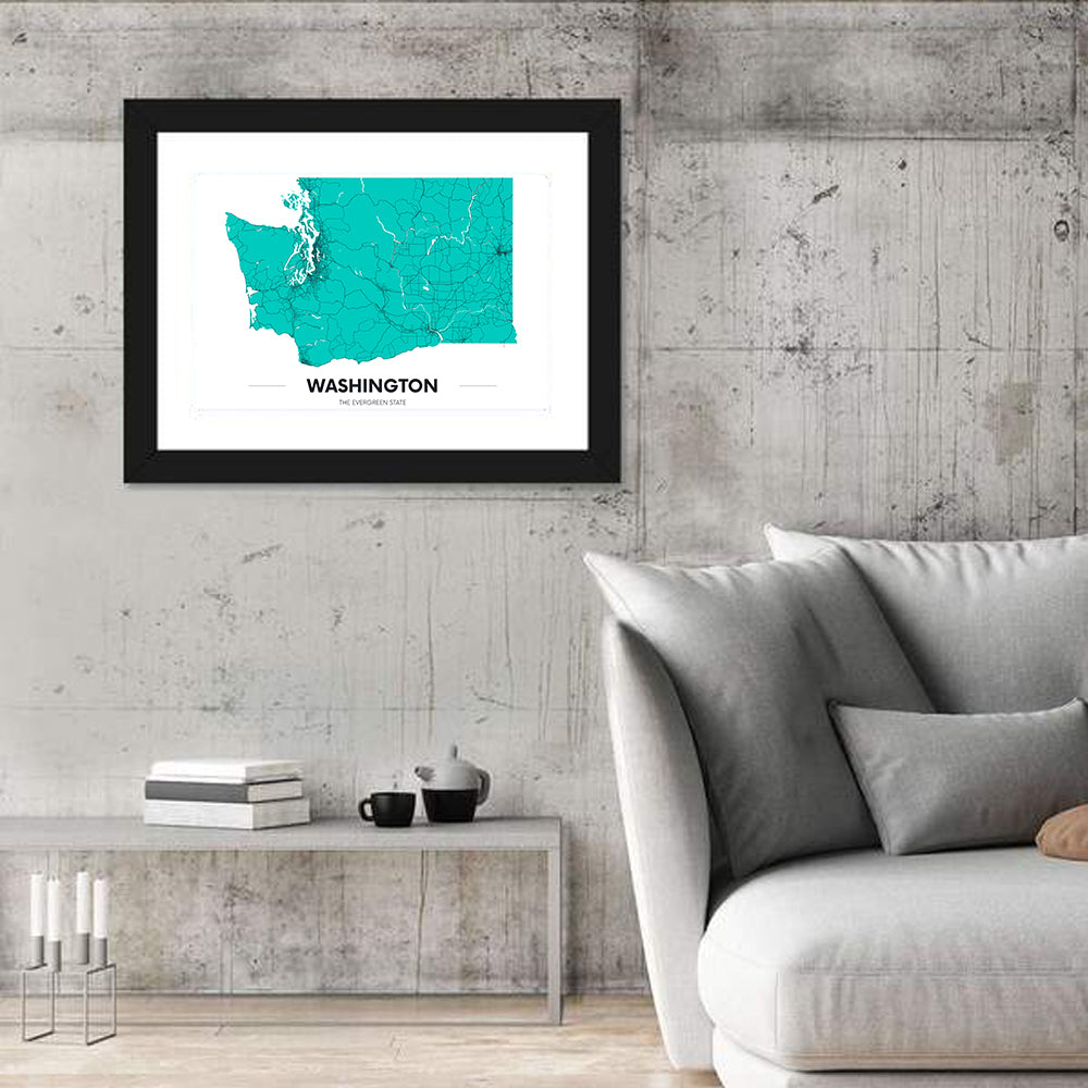 Washington State Minimalist Map Wall Art in a room, landscape