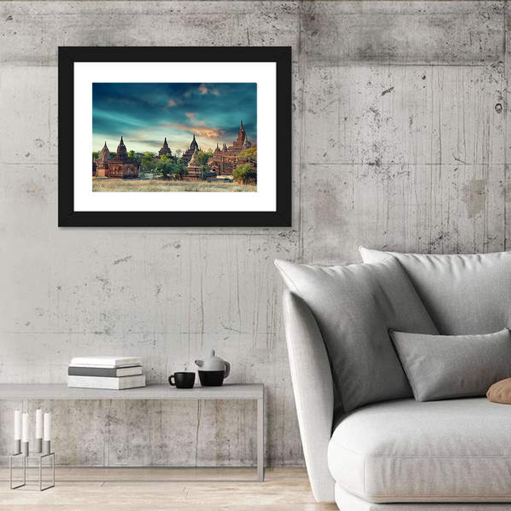 Bagan Ancient Pagodas at Sunrise Wall Art in a room, landscape
