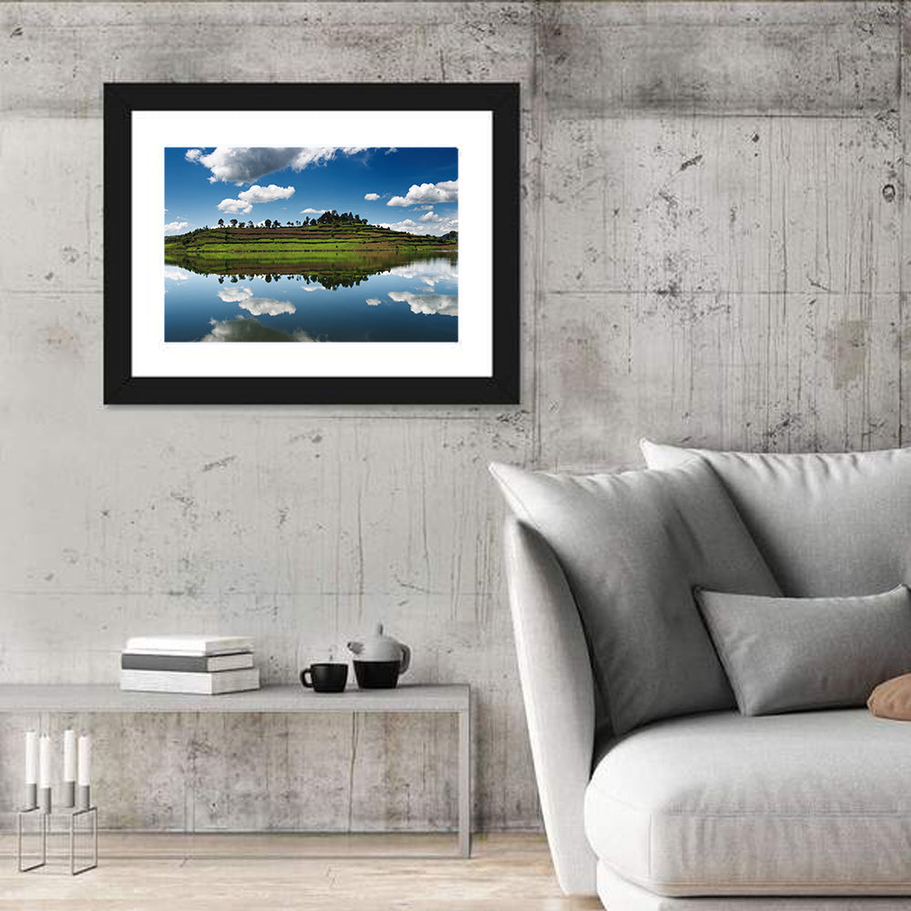 Bunyonyi Lake Reflection Wall Art in a room, landscape