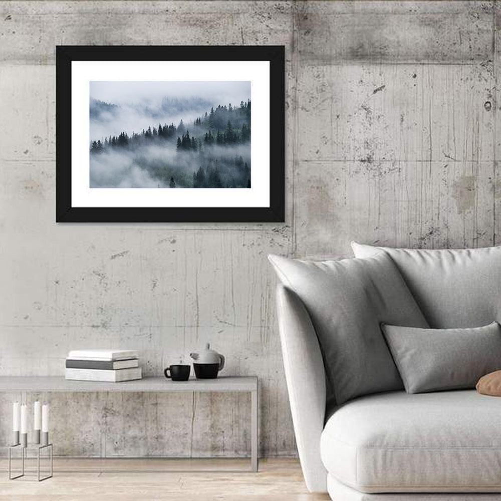 Misty Mountain Pine Forest Wall Art in a room, landscape