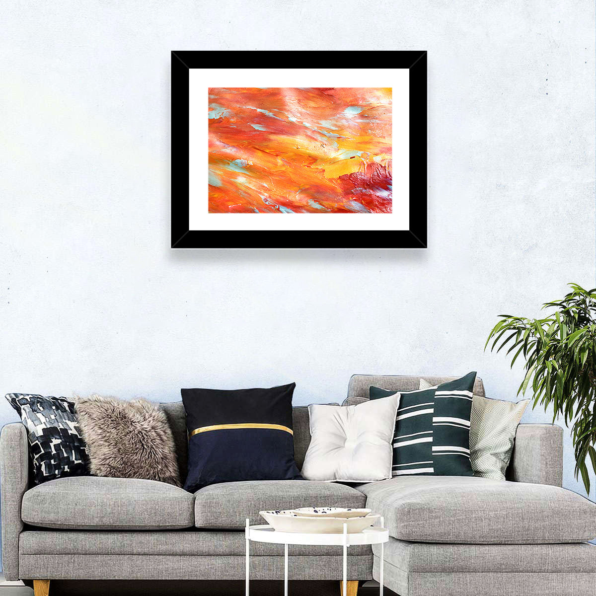 Sunfire Impasto Abstract Wall Art in a room, landscape