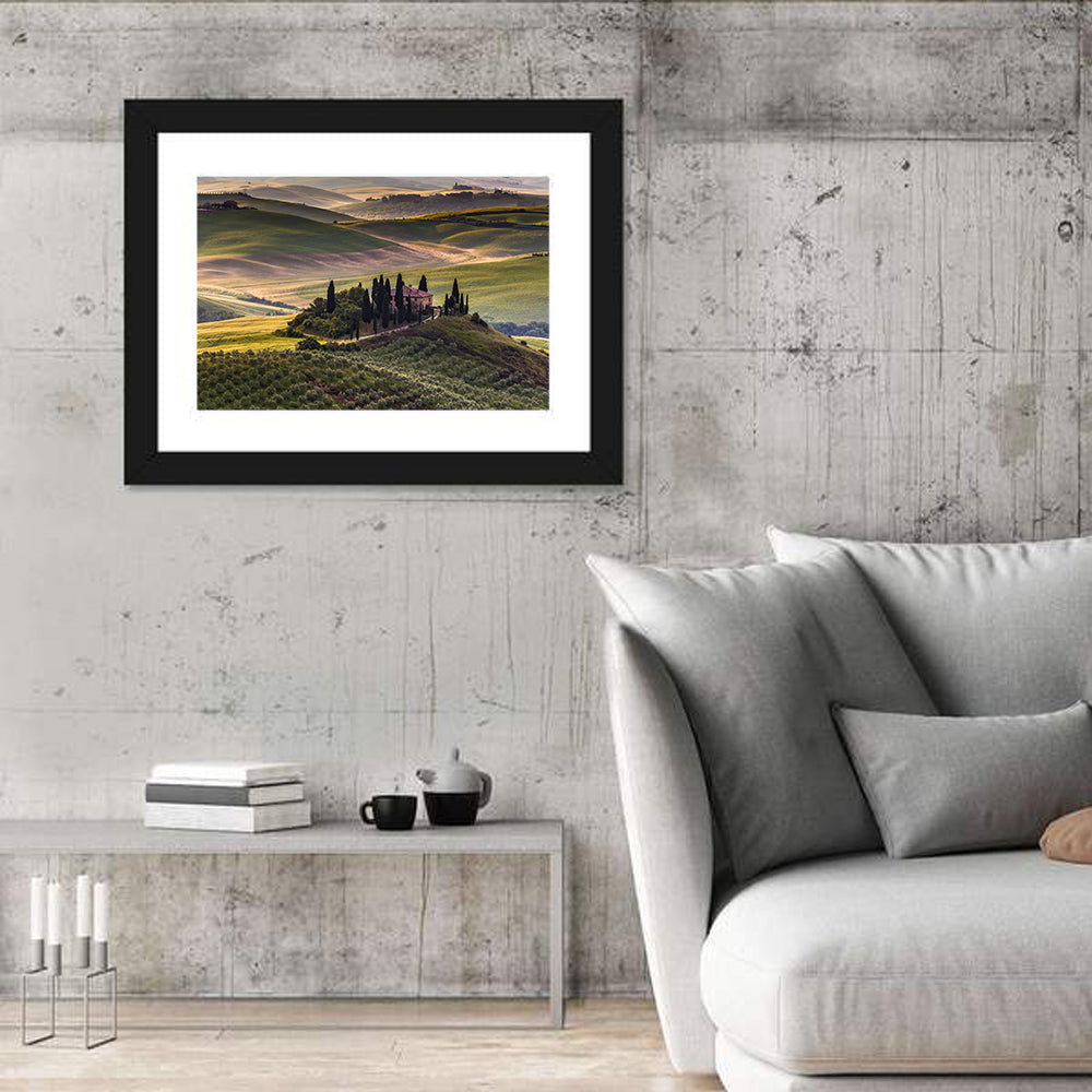 Val D'orcia Meadow Hills Wall Art in a room, landscape