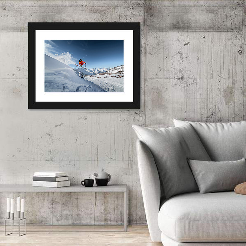 Airborne Skier Over Snowy Mountains Wall Art