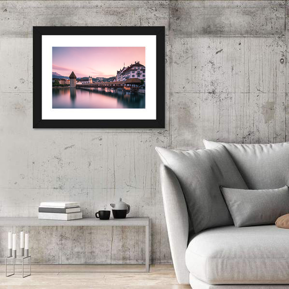 Lucerne Chapel Bridge at Dusk Wall Art in a room, landscape