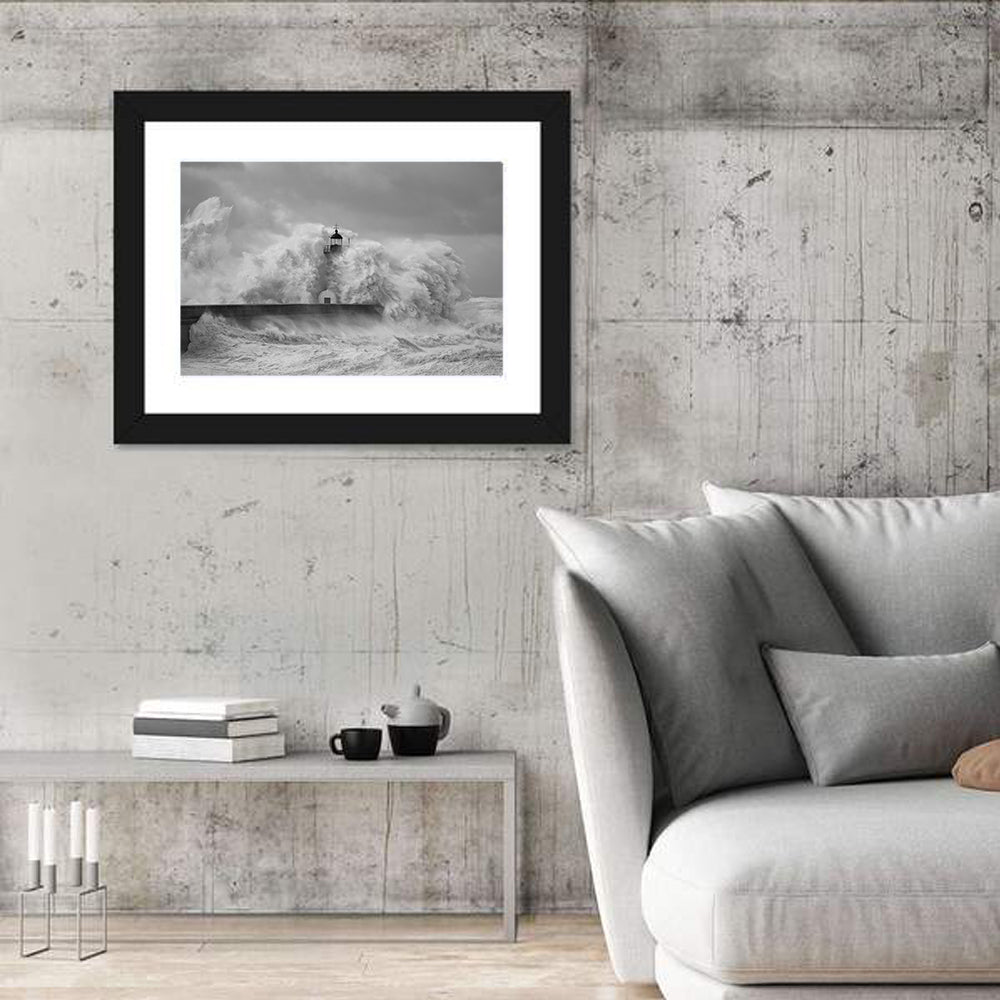 Douro River Storm Lighthouse Wall Art in a room, landscape