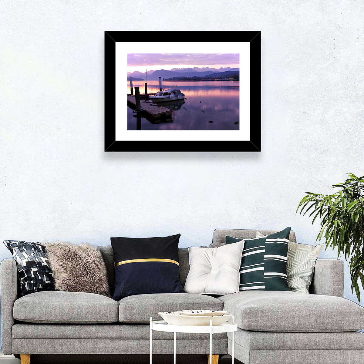Lake Lucerne Pier at Dusk Wall Art in a room, landscape