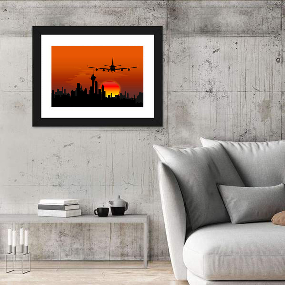 Approaching Jet Over Sunset Skyline Wall Art