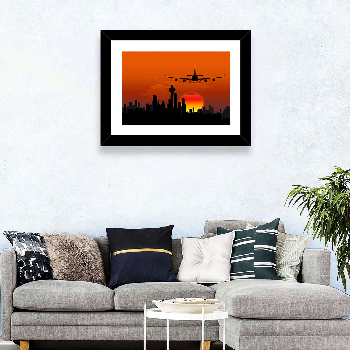 Approaching Jet Over Sunset Skyline Wall Art in a room, landscape