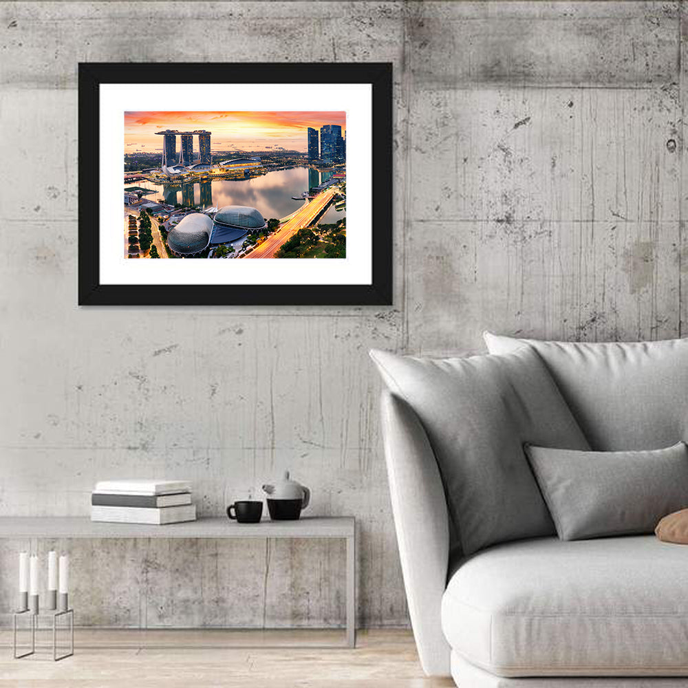 Marina Bay Sunset Skyline Wall Art in a room, landscape