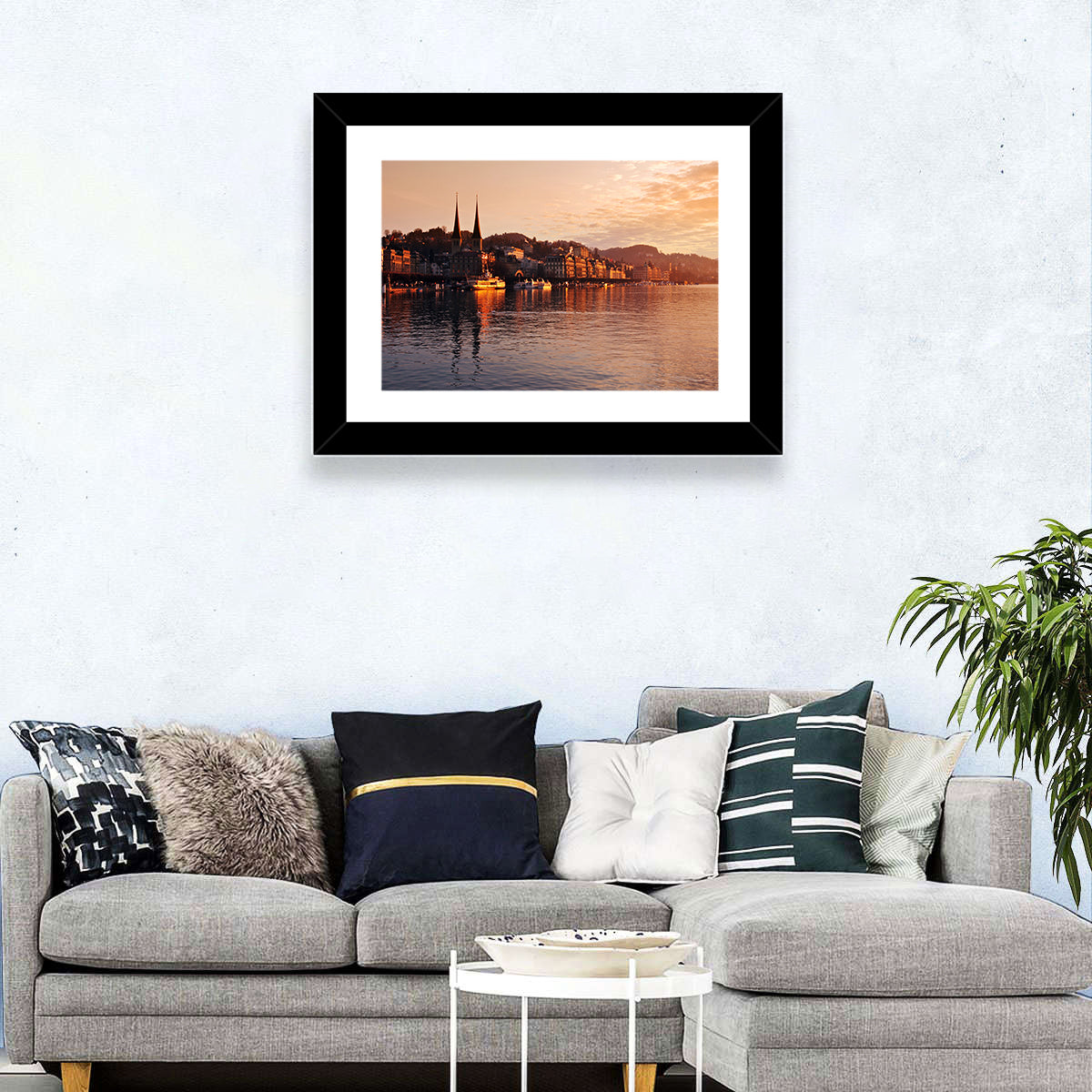 Lucerne Lake Sunset Skyline Wall Art in a room, landscape