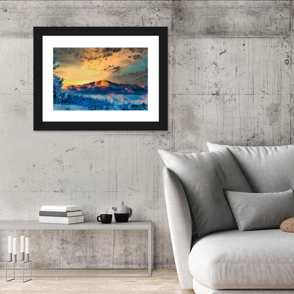 Pikes Peak Golden Sunset Wall Art in a room, landscape