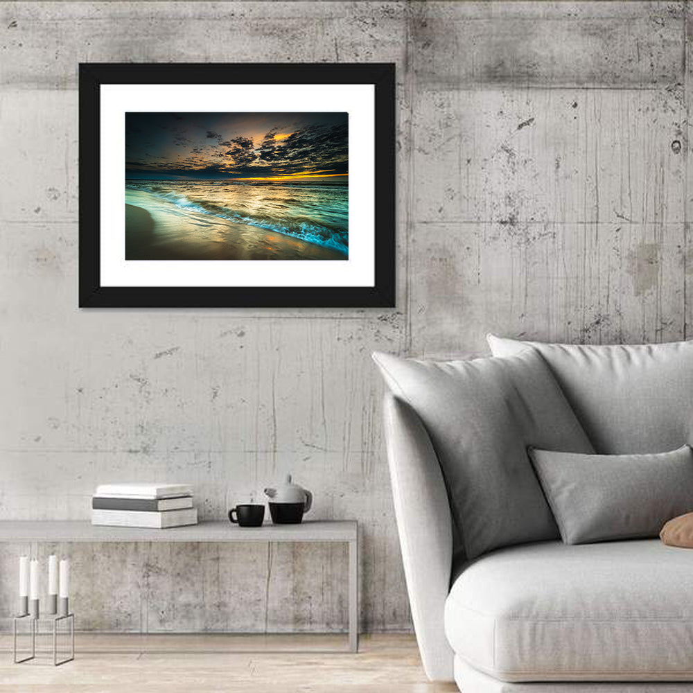 Shoreline Sunset with Boat Silhouette Wall Art in a room, landscape