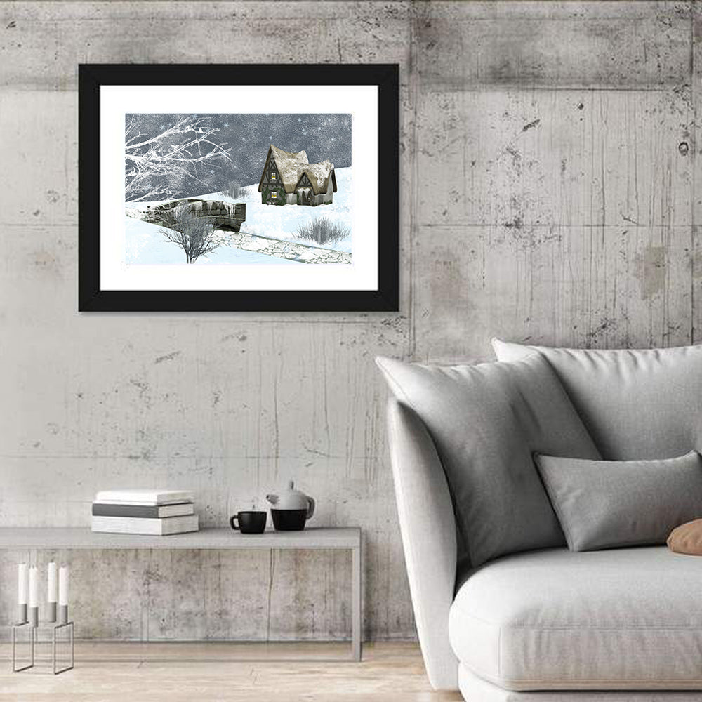Starry Winter Cottage and Frozen Stream Wall Art in a room, landscape