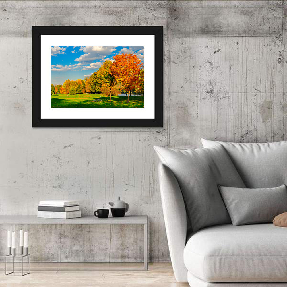 Autumn Trees and Lakeside Lawn Wall Art in a room, landscape