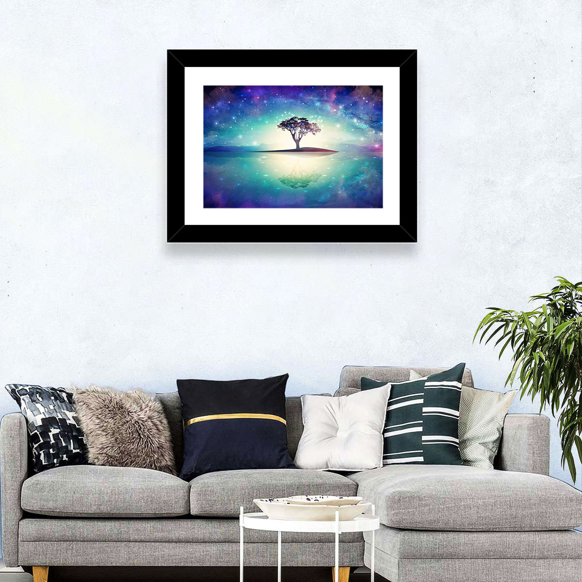 Glowing Island Tree Under Starry Nebula Wall Art in a room, landscape