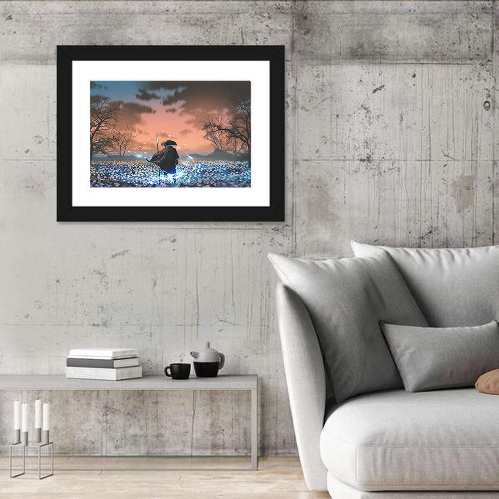 Straw Hat Samurai at Dusk Wall Art