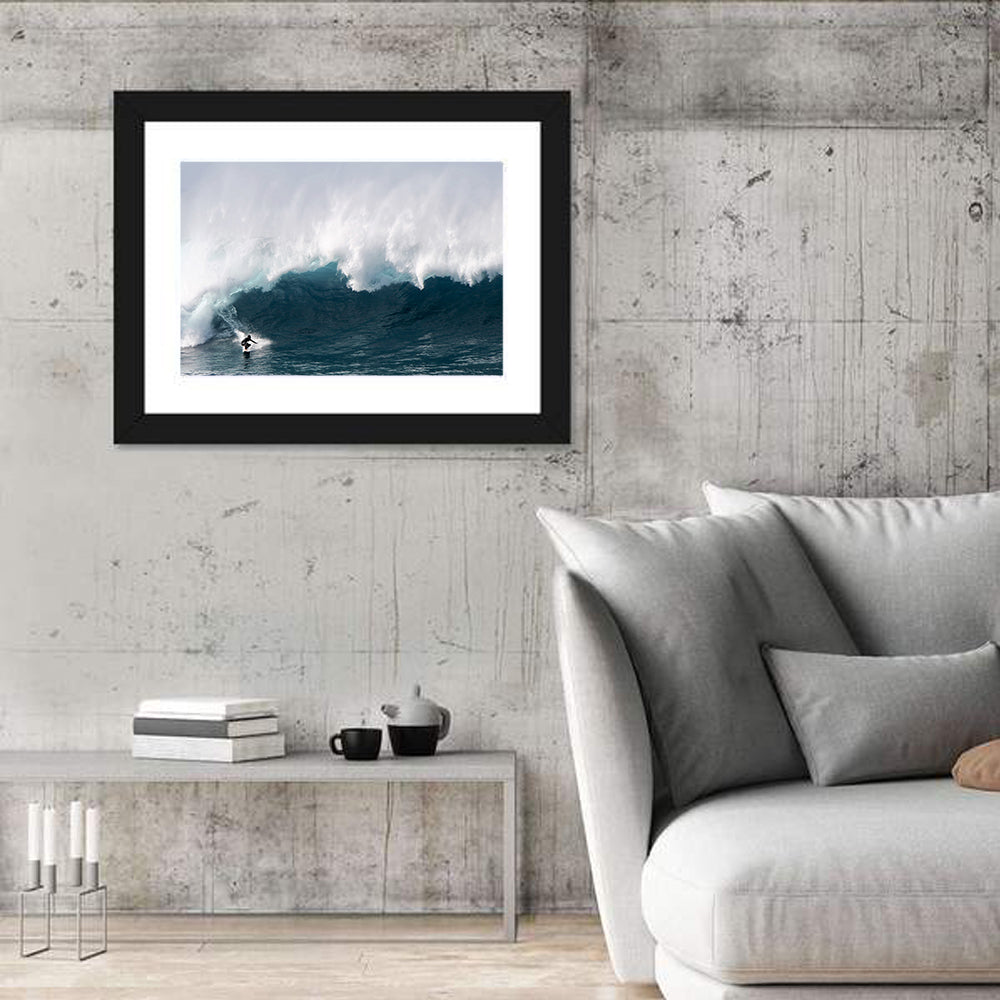 Surfer Beneath Breaking Wave Wall Art in a room, landscape