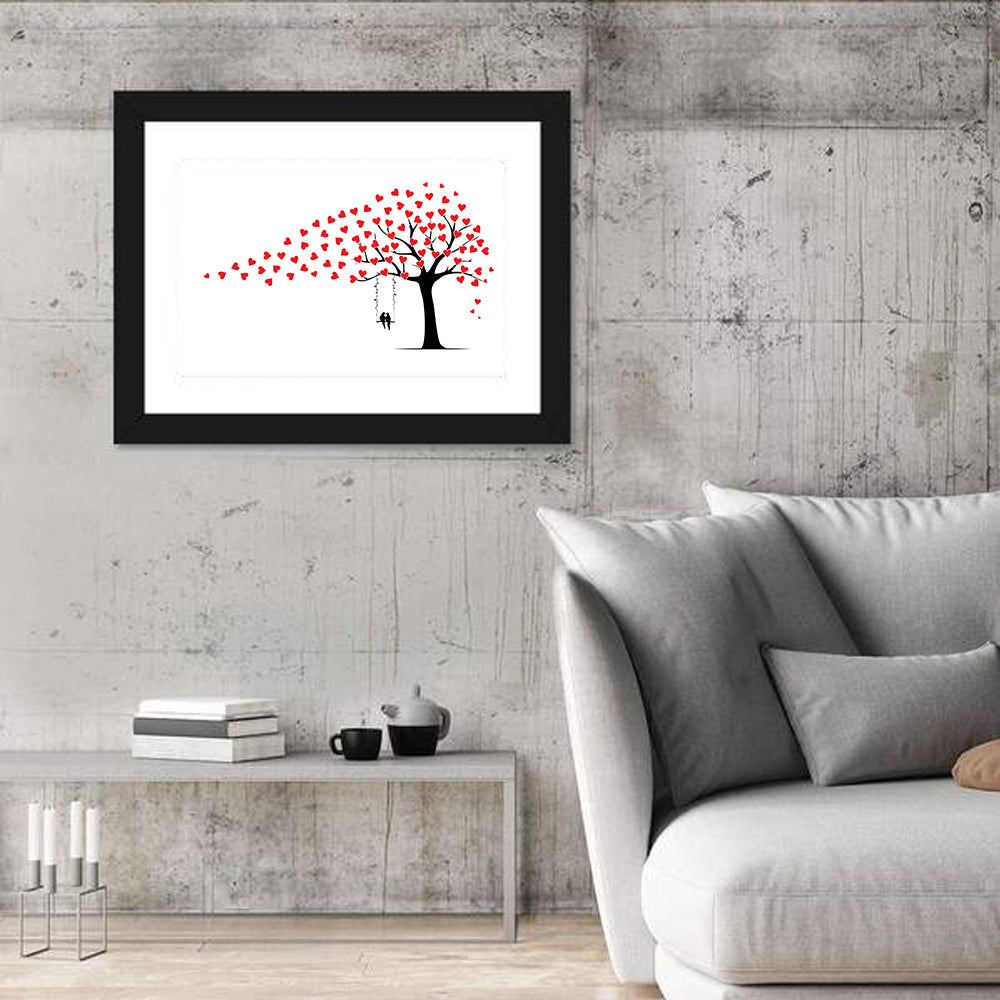 Heart Leaf Tree Silhouette Wall Art in a room, landscape