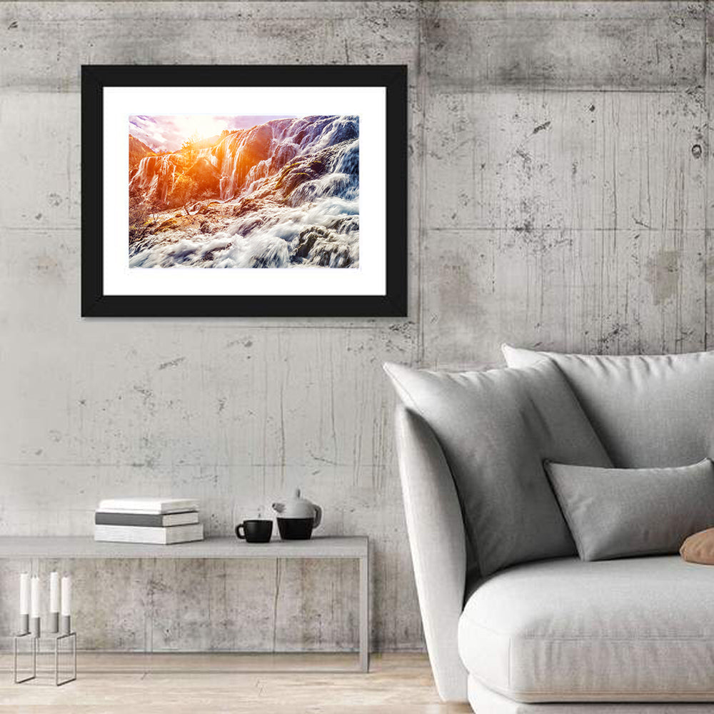 Sunlit Mountain Waterfall Closeup Wall Art in a room, landscape