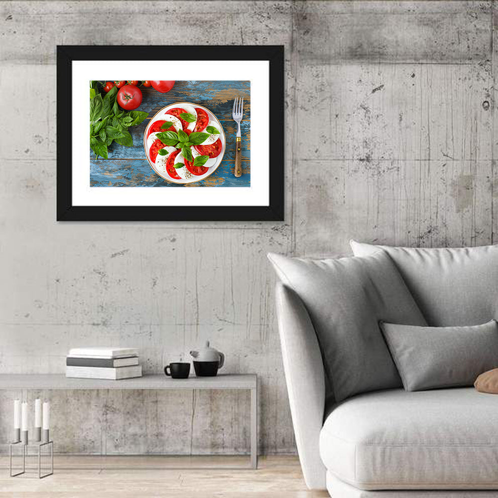 Rustic Caprese Salad with Basil Wall Art in a room, landscape