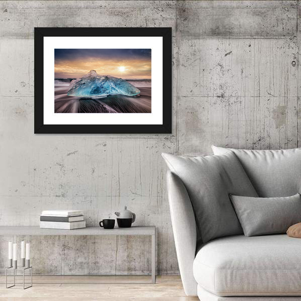 Diamond Beach Iceberg at Sunset Wall Art in a room, landscape