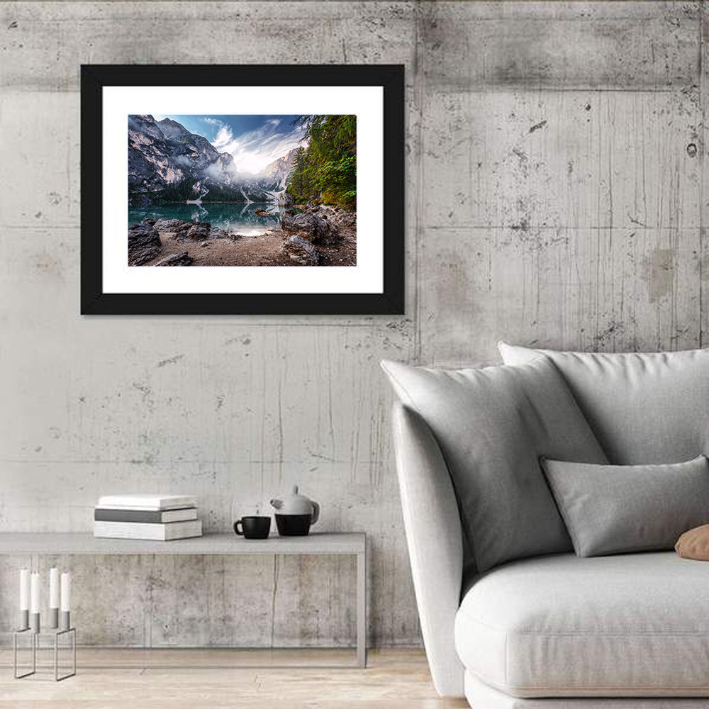 Lago Di Braies Reflection Wall Art in a room, landscape