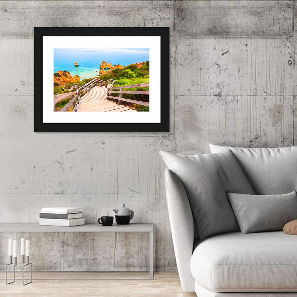 Wooden Stairs to Turquoise Atlantic Cove Wall Art in a room, landscape