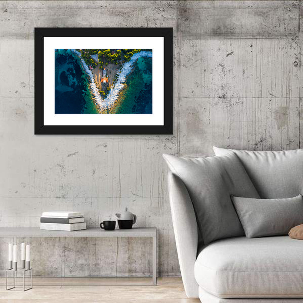 Veli Rat Aerial Lighthouse View Wall Art in a room, landscape