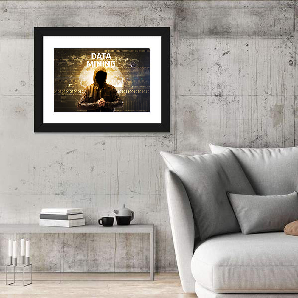 Hooded Hacker Data Mining Concept Wall Art in a room, landscape