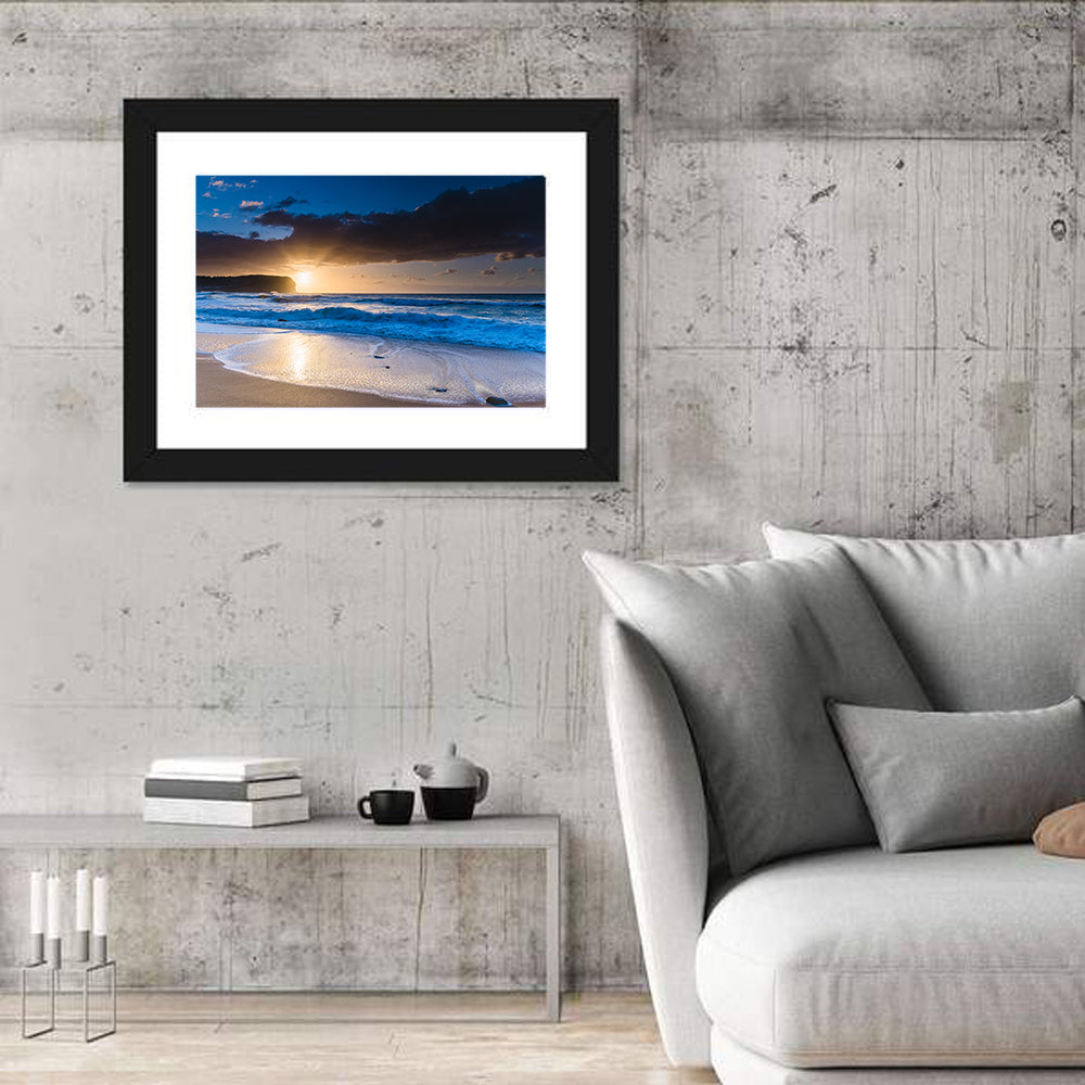 Macmasters Beach Golden Sunrise Wall Art in a room, landscape