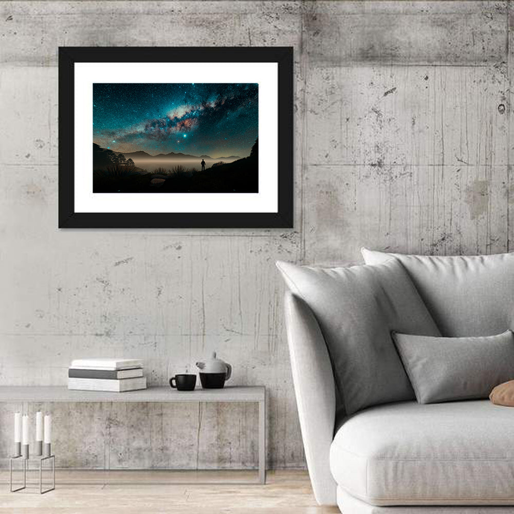 Milky Way Over Misty Mountain Ridge Wall Art in a room, landscape