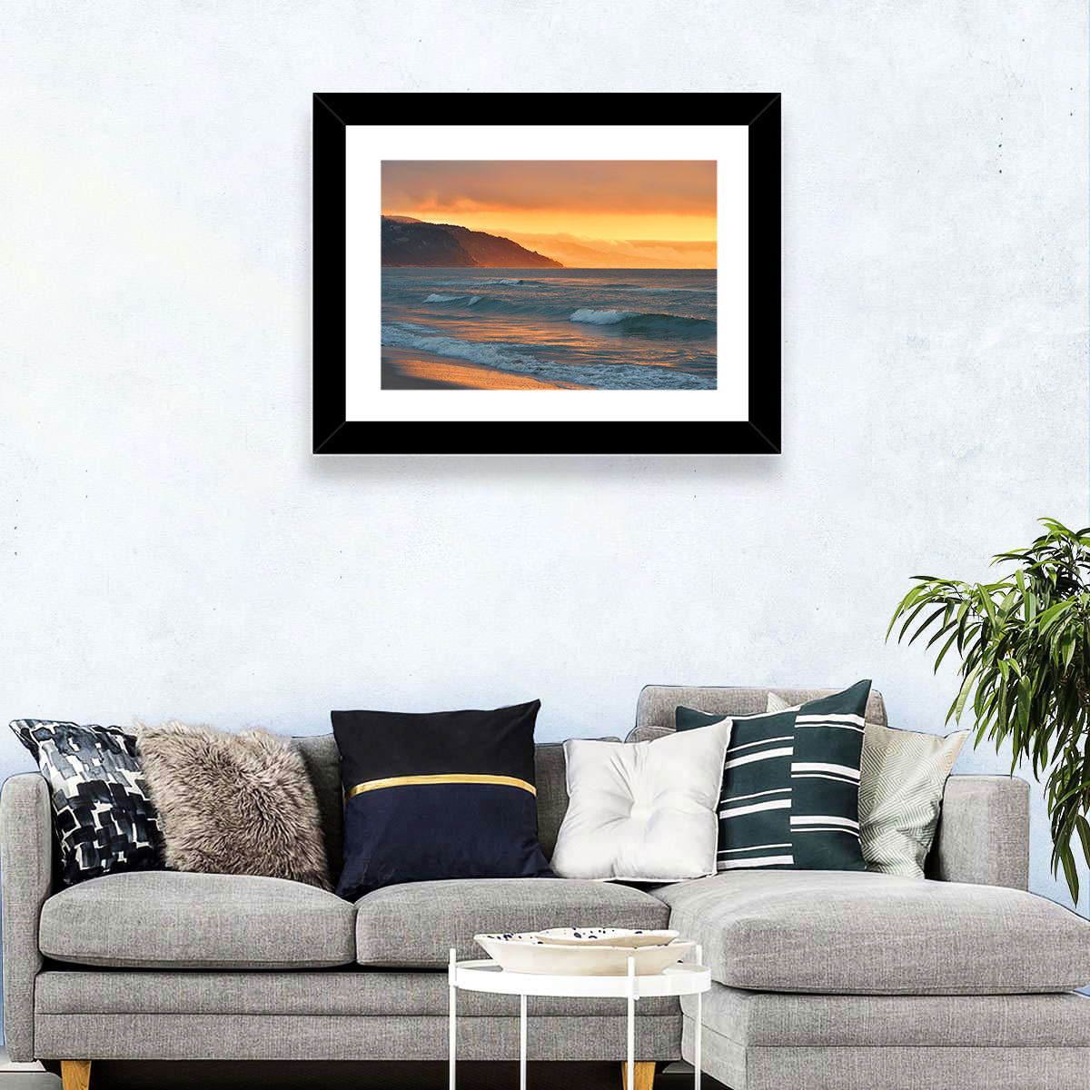 Cliffside Sunset Over Ocean Wall Art in a room, landscape