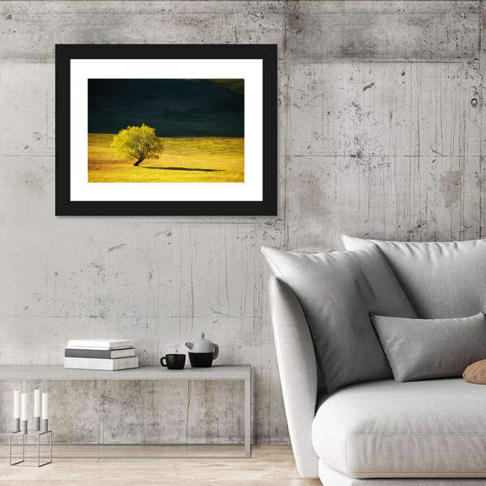Lone Tree in Golden Meadow Wall Art in a room, landscape