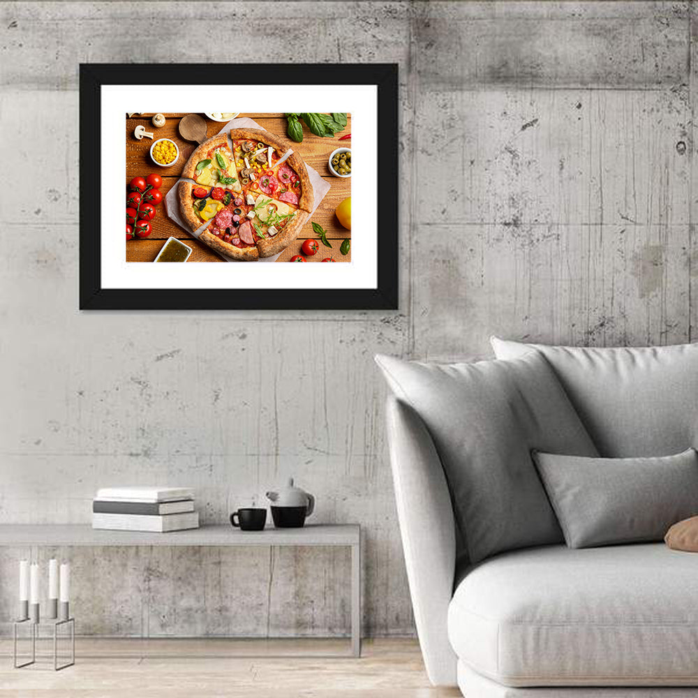 Sliced Pizza on Wooden Board Wall Art in a room, landscape